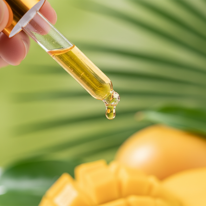 Detalle del líquido ámbar suave de mango cayendo