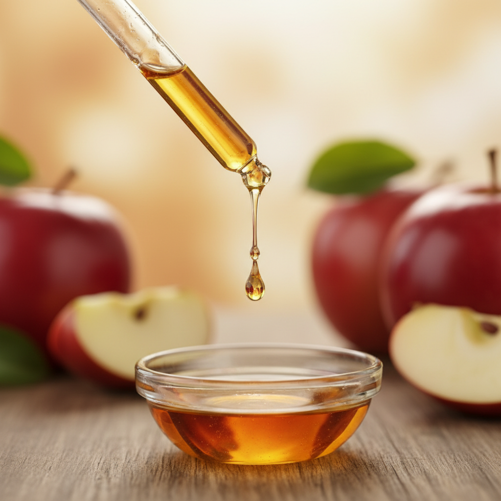 Detalle del líquido ámbar suave de manzana cayendo