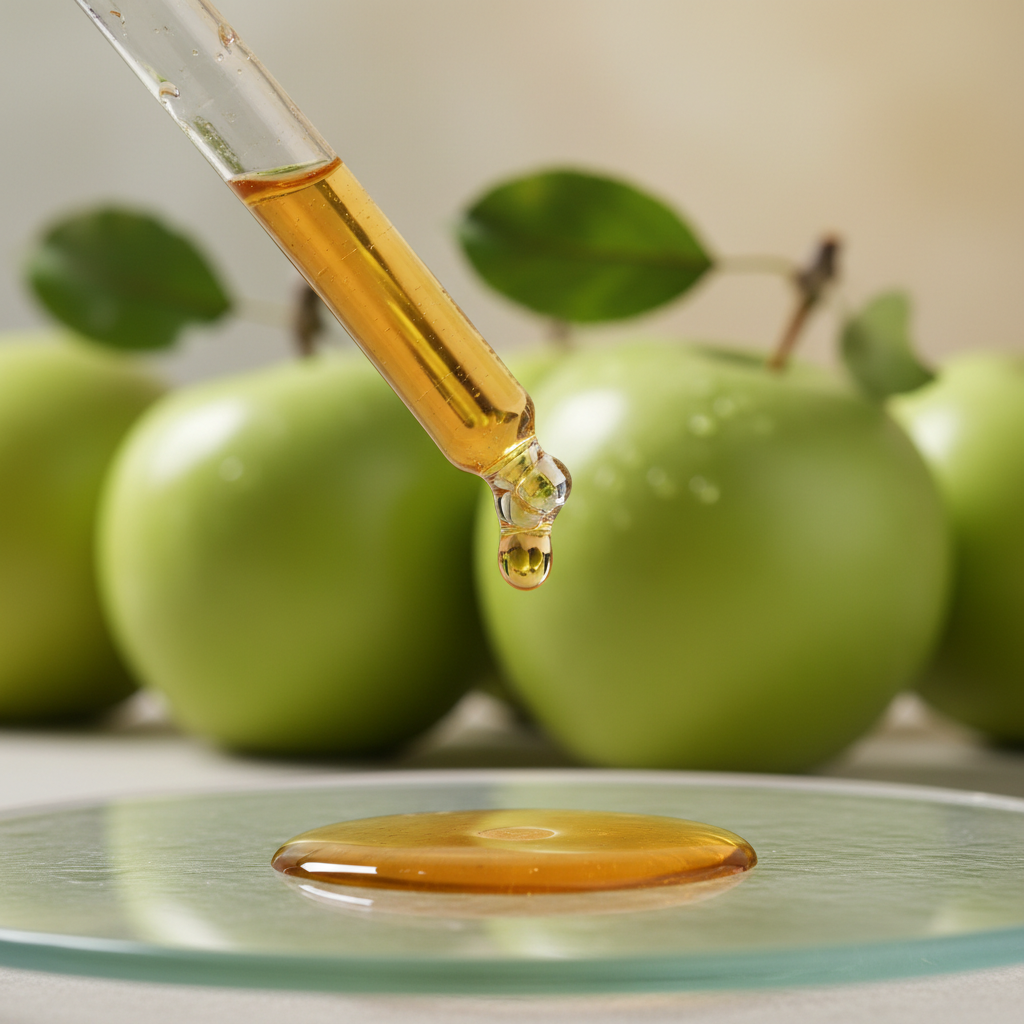 Detalle del líquido ámbar suave de manzana verde cayendo