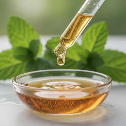Detalle del líquido ámbar suave de menta cayendo