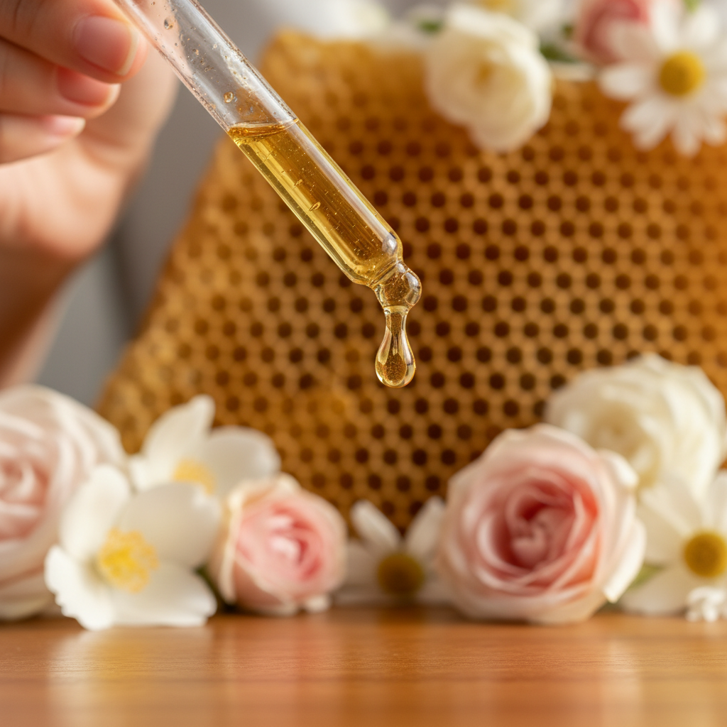 Detalle del líquido ámbar suave de miel floral cayendo