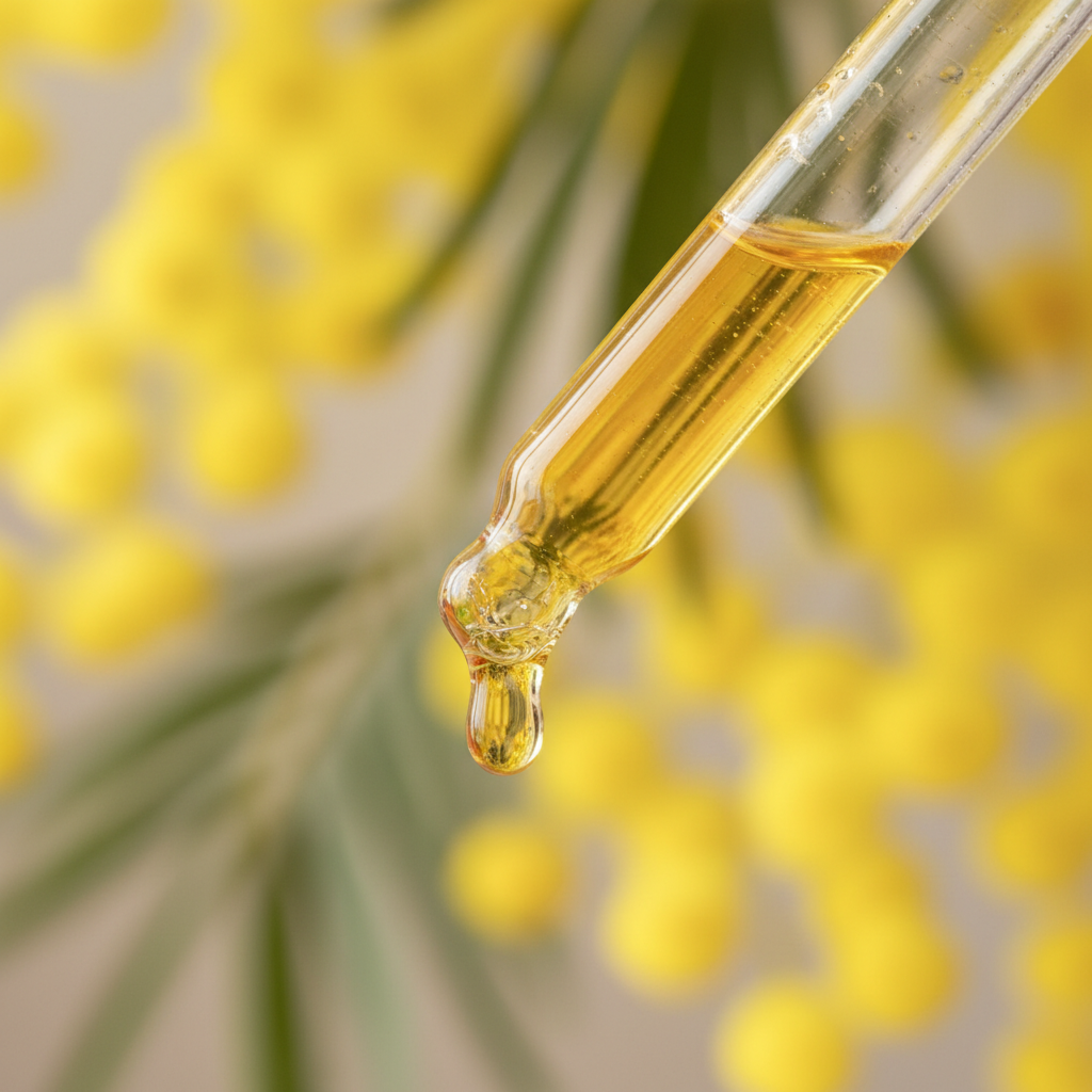 Detalle del líquido ámbar suave de mimosa cayendo