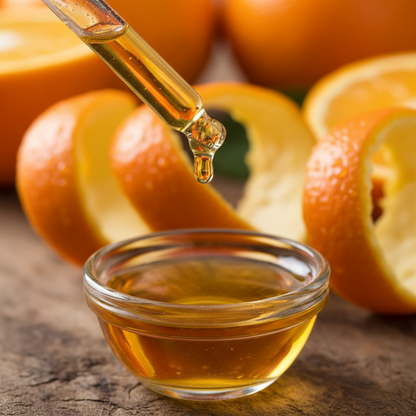 Detalle del líquido ámbar suave de naranja cayendo