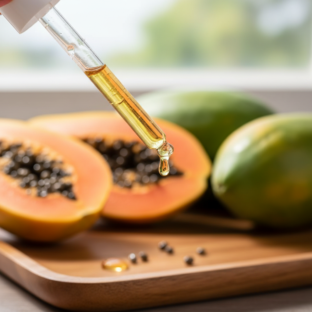 Detalle del líquido ámbar suave de papaya cayendo