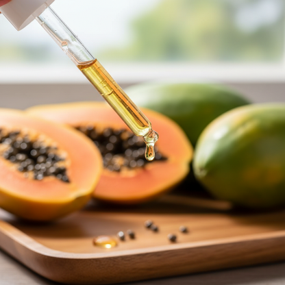 Detalle del líquido ámbar suave de papaya cayendo