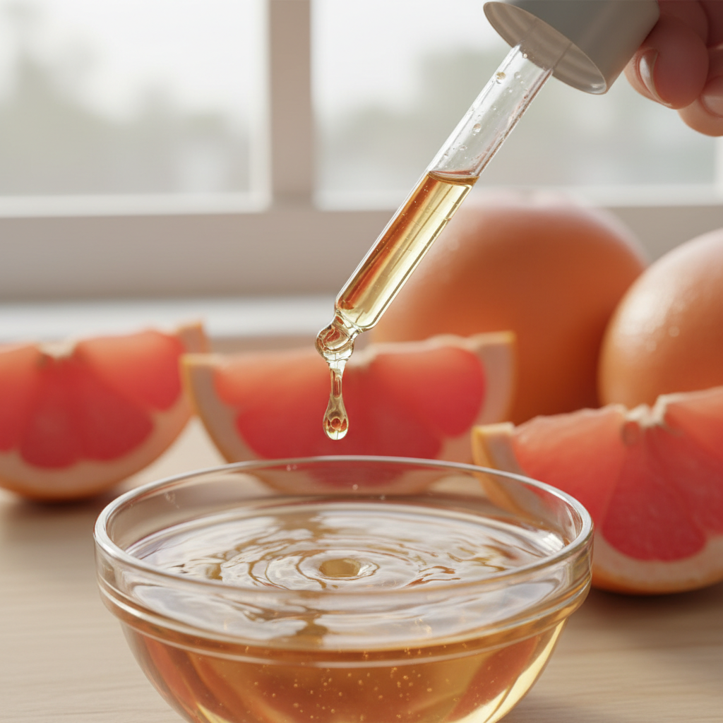 Detalle del líquido ámbar suave de pomelo cayendo