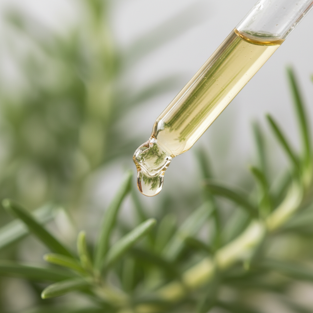 Detalle del líquido ámbar suave de romero cayendo