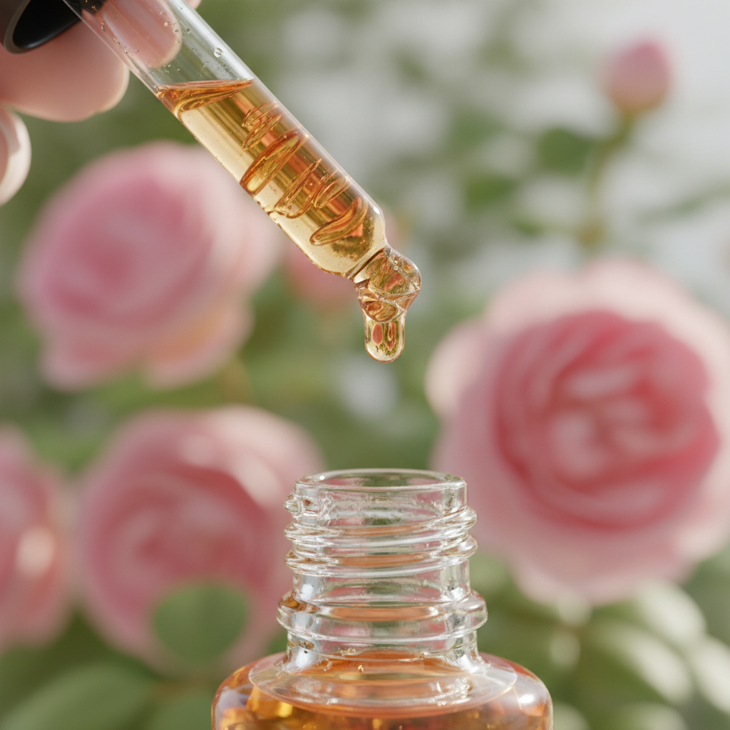 Detalle del líquido ámbar suave de rosa cayendo