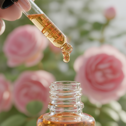 Detalle del líquido ámbar suave de rosa cayendo