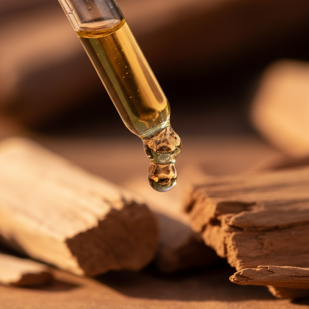 Detalle del líquido ámbar suave de sándalo cayendo