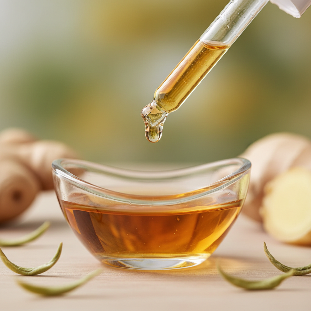 Detalle del líquido ámbar suave de té blanco y jengibre cayendo