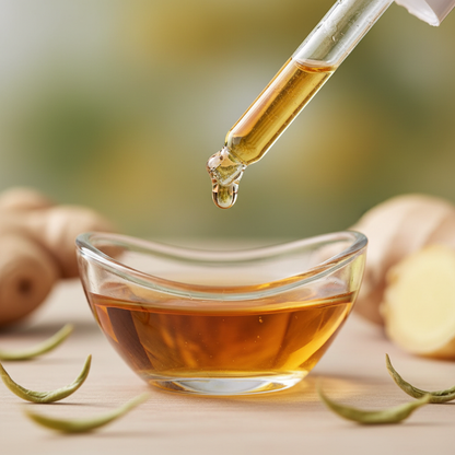 Detalle del líquido ámbar suave de té blanco y jengibre cayendo