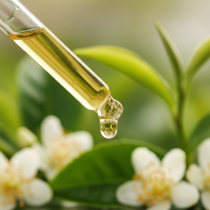 Detalle del líquido ámbar suave de té verde cayendo