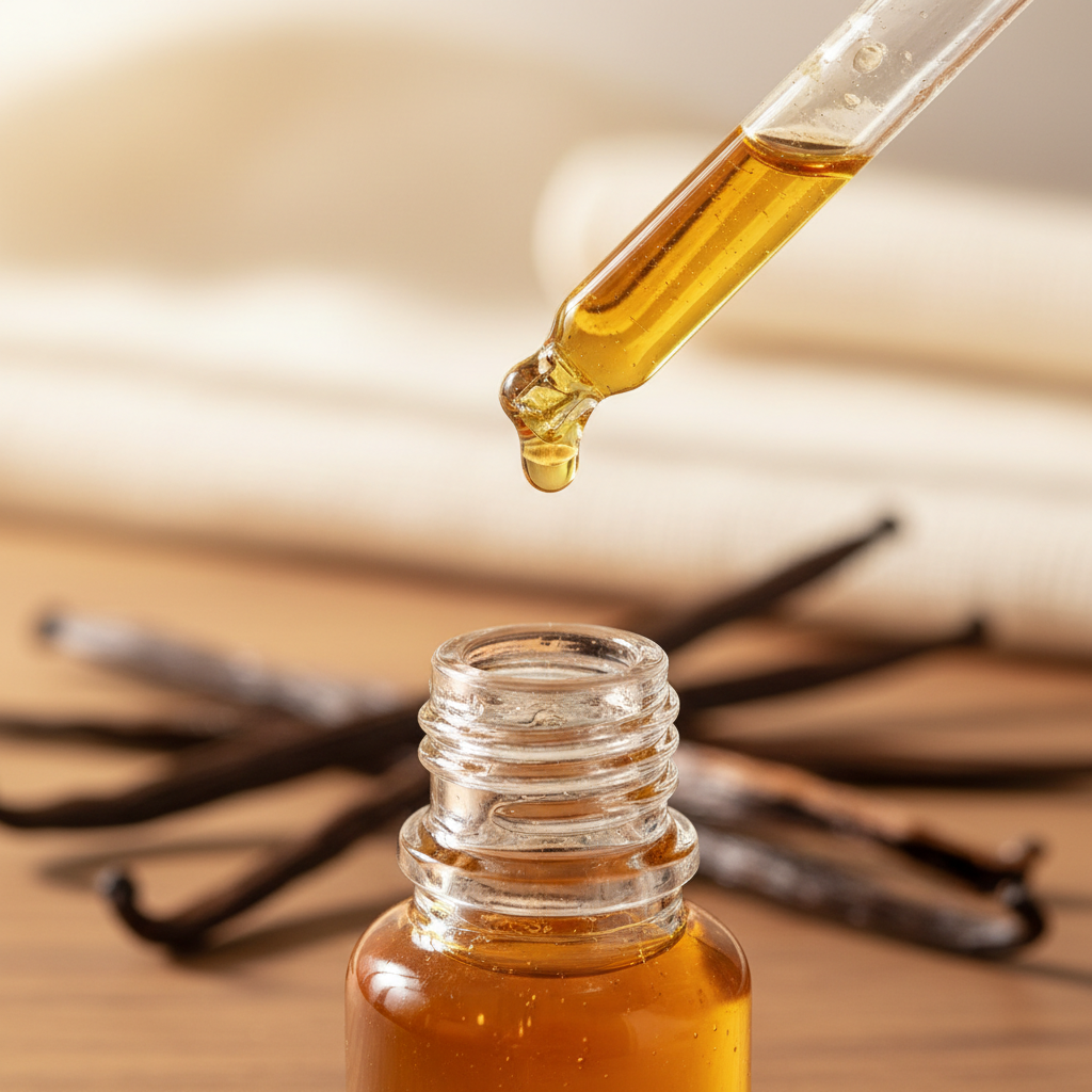 Detalle del líquido ámbar suave de vainilla cayendo