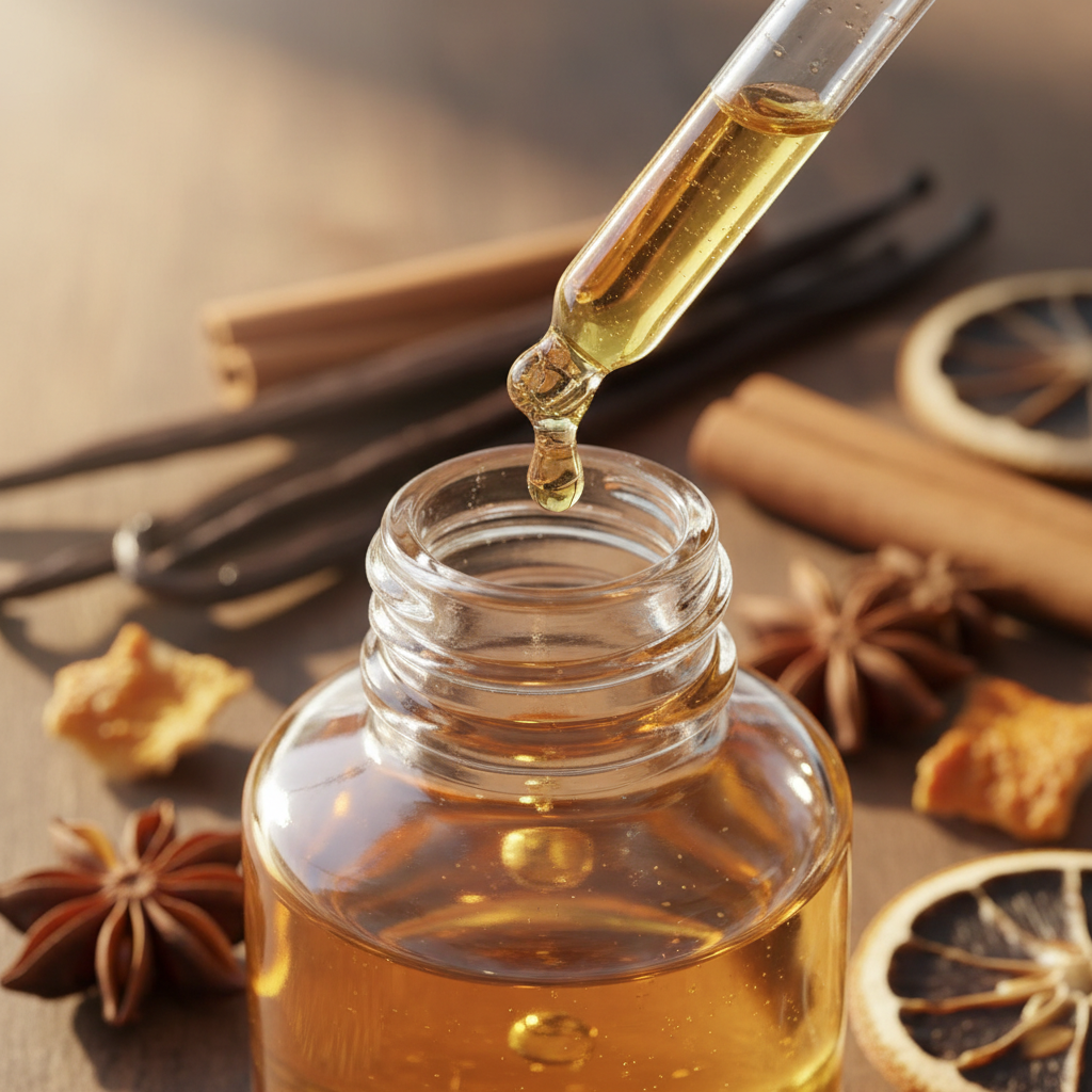 Detalle del líquido ámbar suave de vainilla spicy cayendo