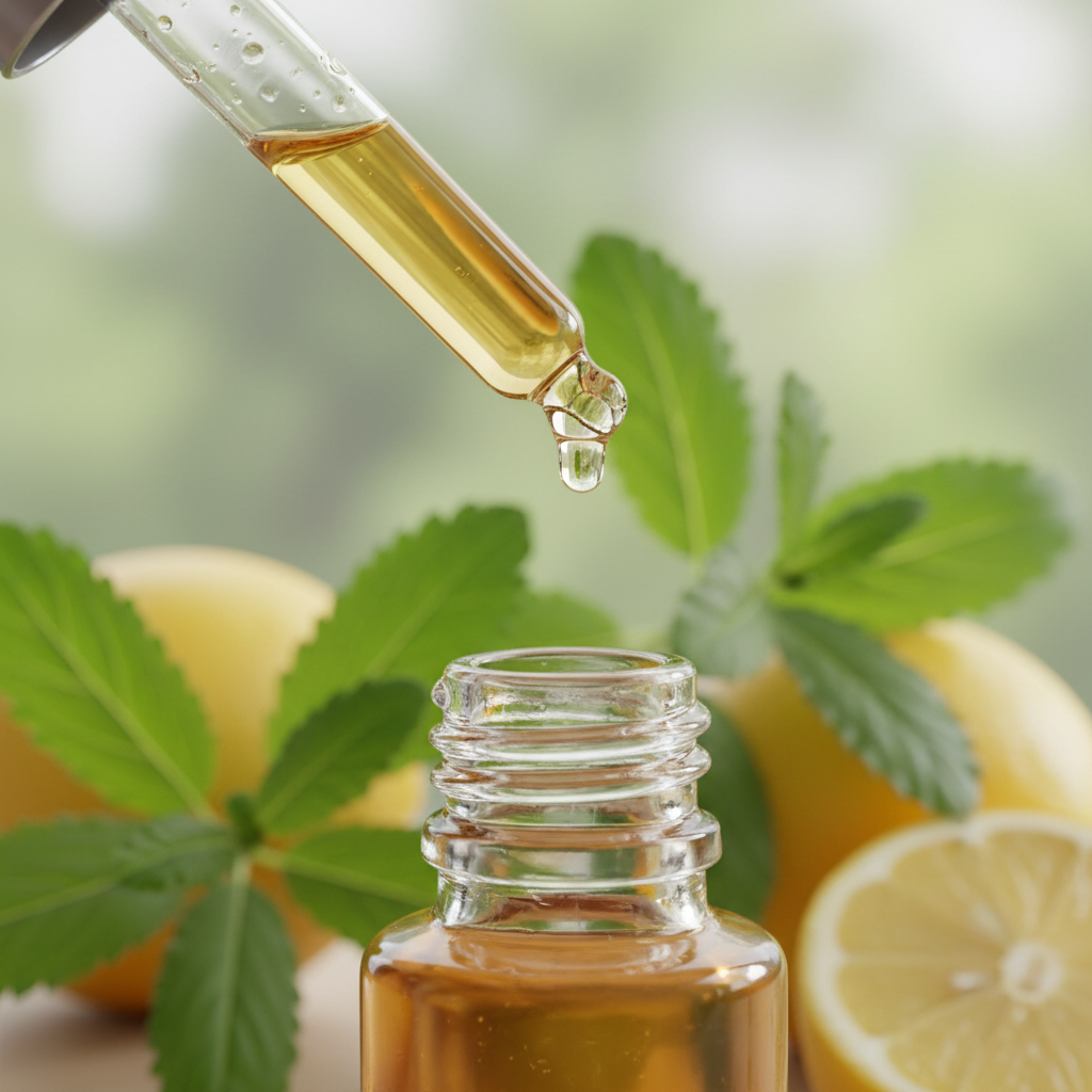 Detalle del líquido ámbar suave de verbena limón cayendo