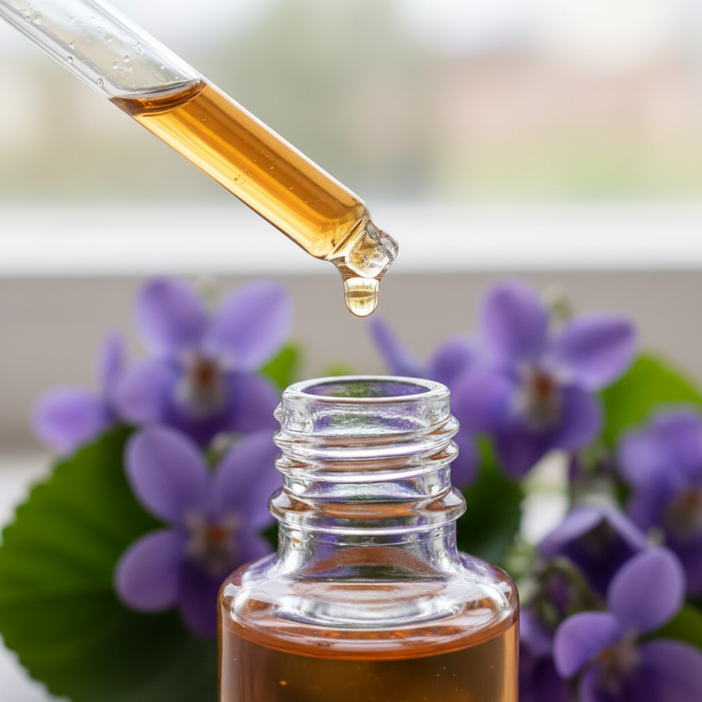 Detalle del líquido ámbar suave de violetas cayendo