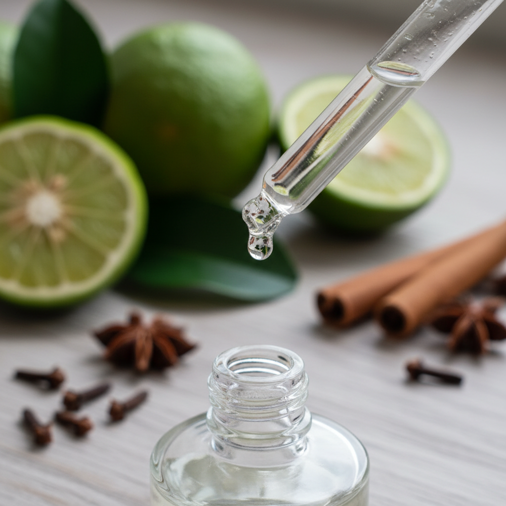 Detalle del líquido transparente de bergamota cayendo