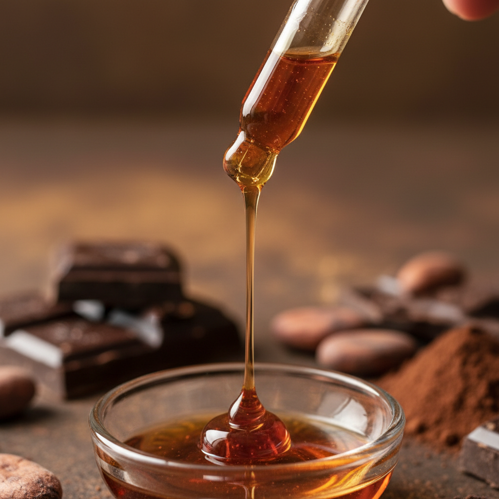 Detalle del líquido transparente de chocolate dark cayendo