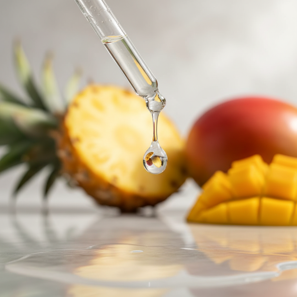 Detalle del líquido transparente de frutas tropicales cayendo