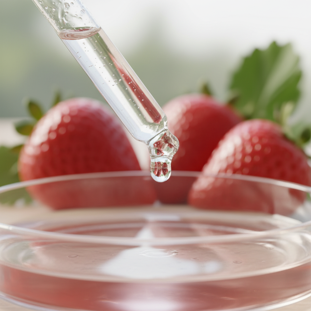 Detalle del líquido transparente de frutillas cayendo