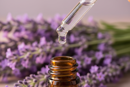 Detalle del líquido transparente de lavanda cayendo del gotero