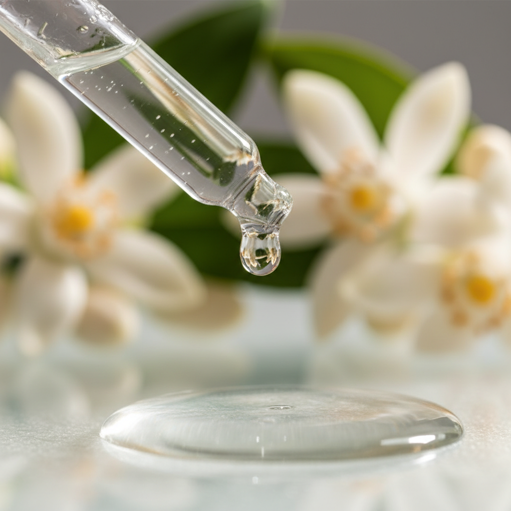 Detalle del líquido transparente de nerolí cayendo