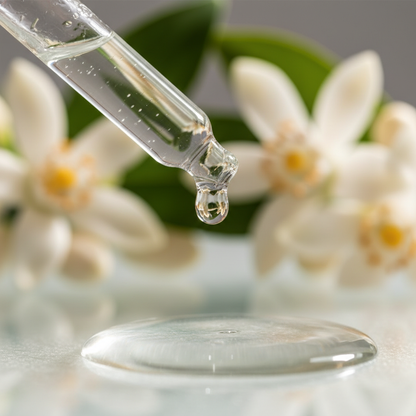 Detalle del líquido transparente de nerolí cayendo