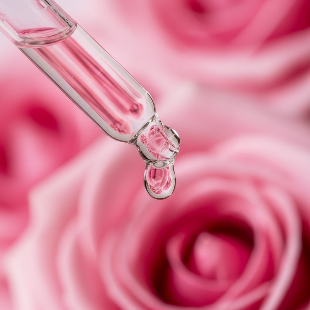 Detalle del líquido transparente de rosa cayendo