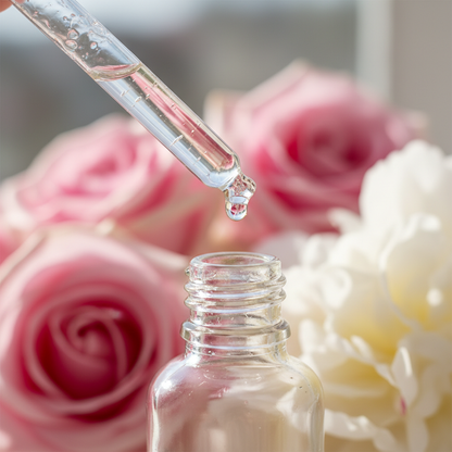 Detalle del líquido transparente de rosas cayendo