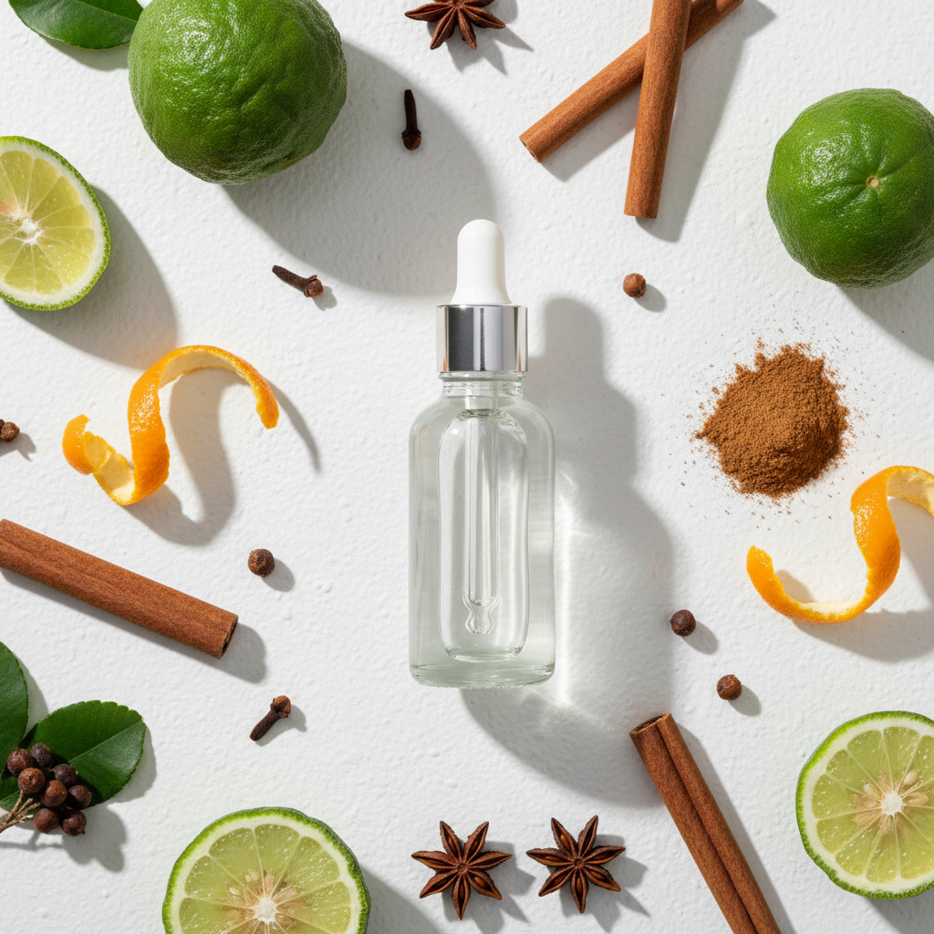 Flat lay de la fragancia bergamota spicy transparente