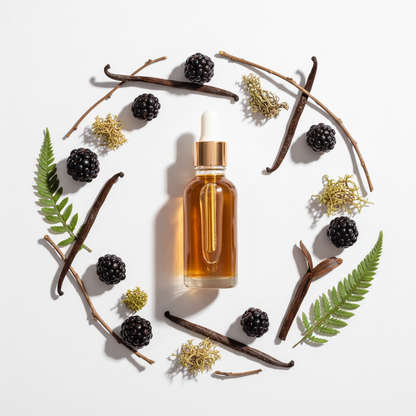 Flat lay de la fragancia blackberry & vanilla ámbar