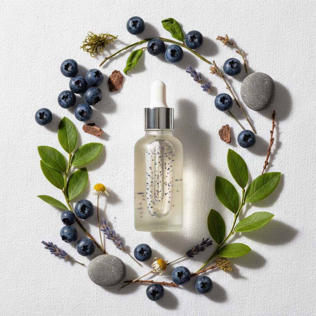 Flat lay de la fragancia blueberry ámbar claro