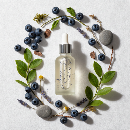 Flat lay de la fragancia blueberry ámbar claro