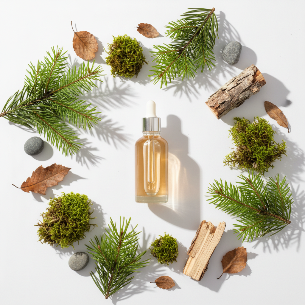 Flat lay de la fragancia bosque fresco ámbar claro