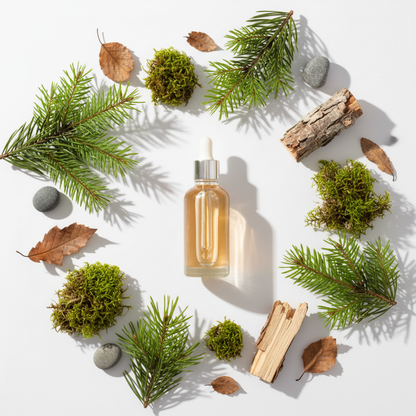 Flat lay de la fragancia bosque fresco ámbar claro