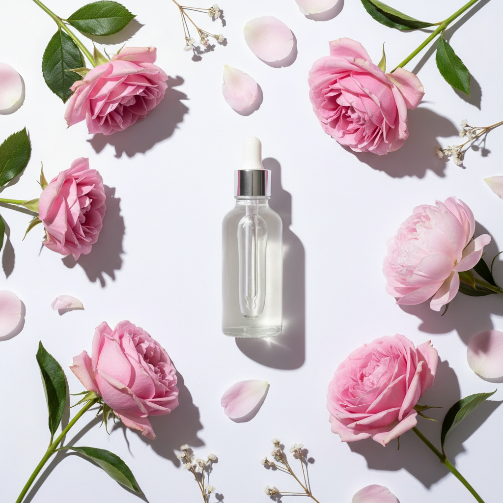 Flat lay de la fragancia bouquet de rosas & peonias