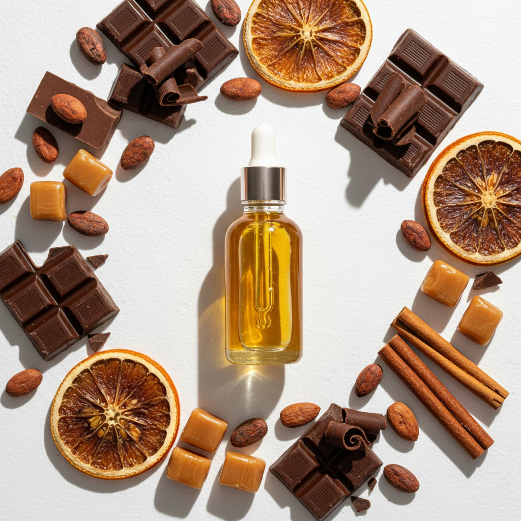 Flat lay de la fragancia candy & cocoa ámbar