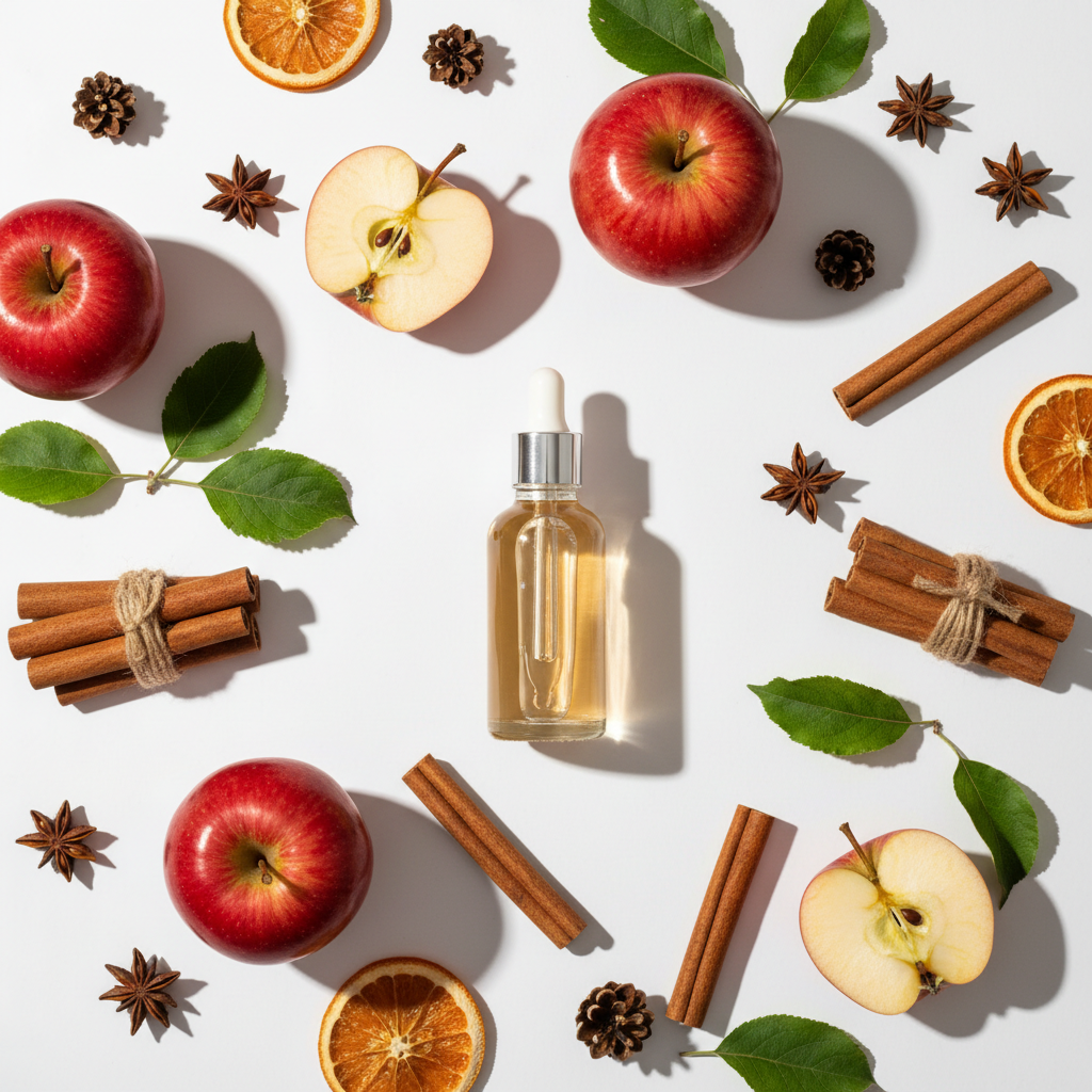 Flat lay de la fragancia canela & manzana ámbar claro