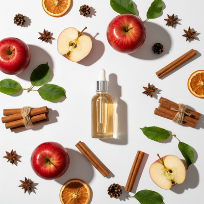 Flat lay de la fragancia canela & manzana ámbar claro