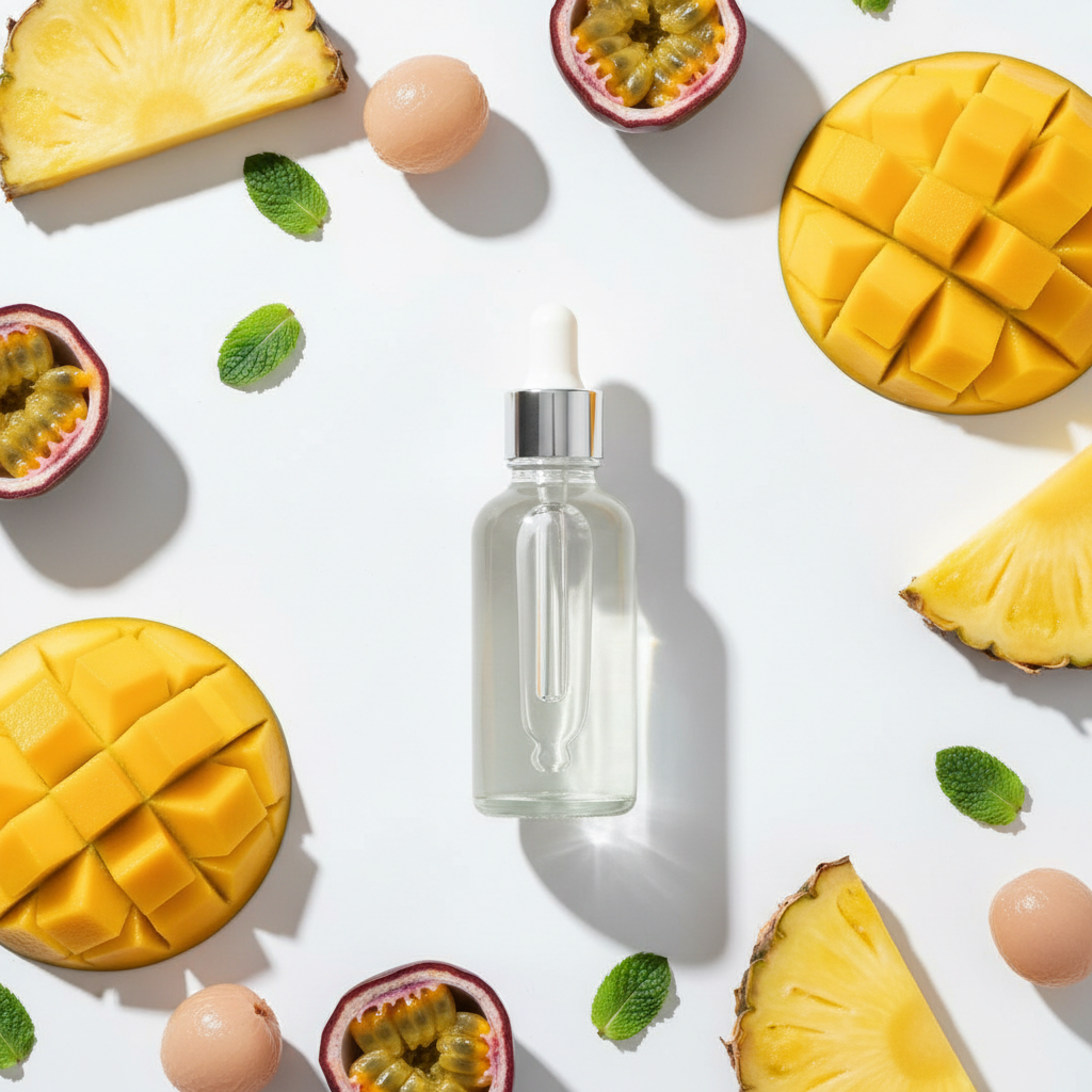 Flat lay de la fragancia frutas tropicales