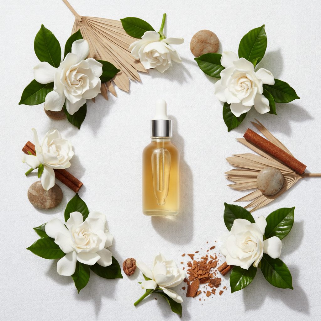 Flat lay de la fragancia gardenia ámbar suave