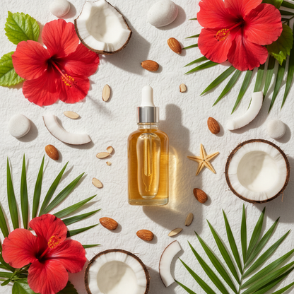 Flat lay de la fragancia hibiscus + coco + almendras