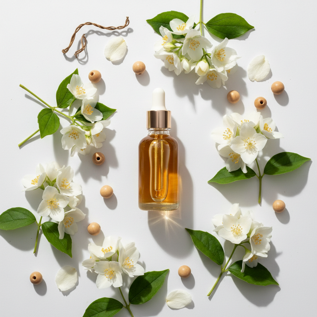 Flat lay de la fragancia jazmín absoluto