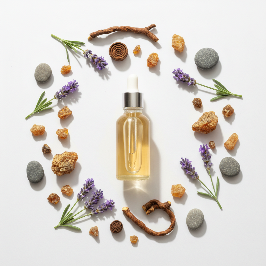 Flat lay de la fragancia lavanda & mirra