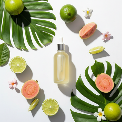 Flat lay de la fragancia lima guava