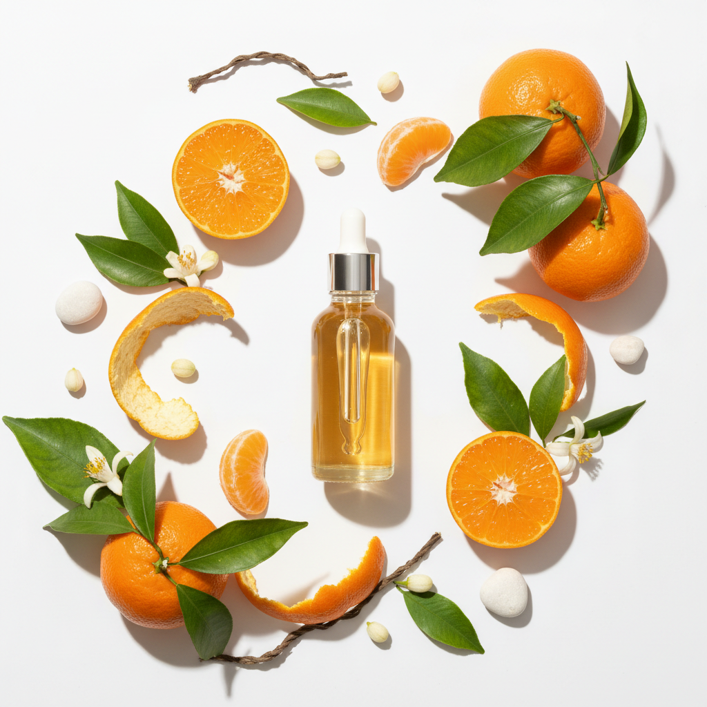 Flat lay de la fragancia mandarina japonesa