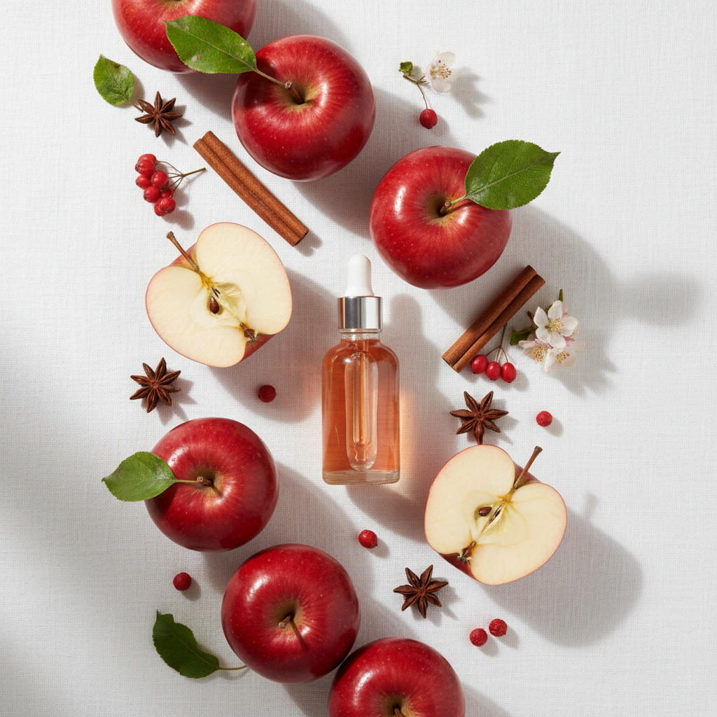 Flat lay de la fragancia manzana roja