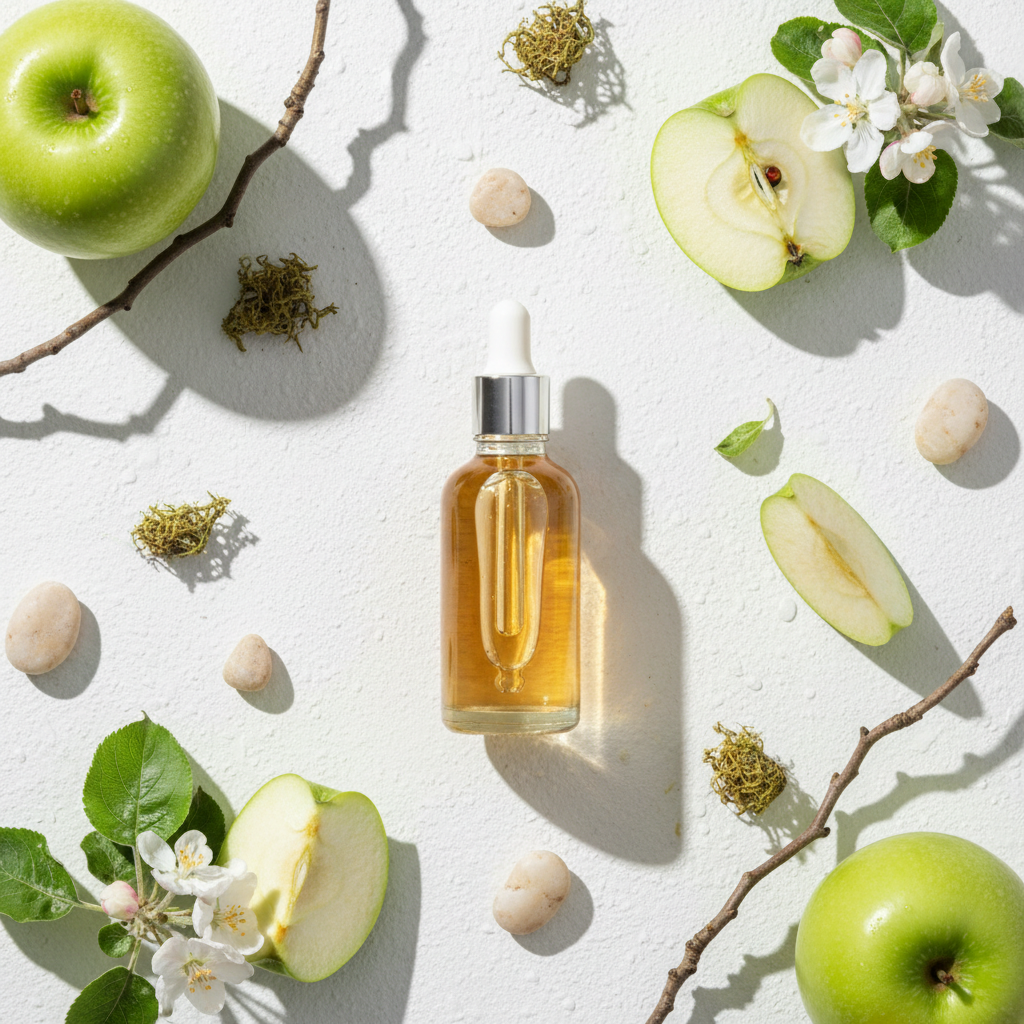Flat lay de la fragancia manzana verde