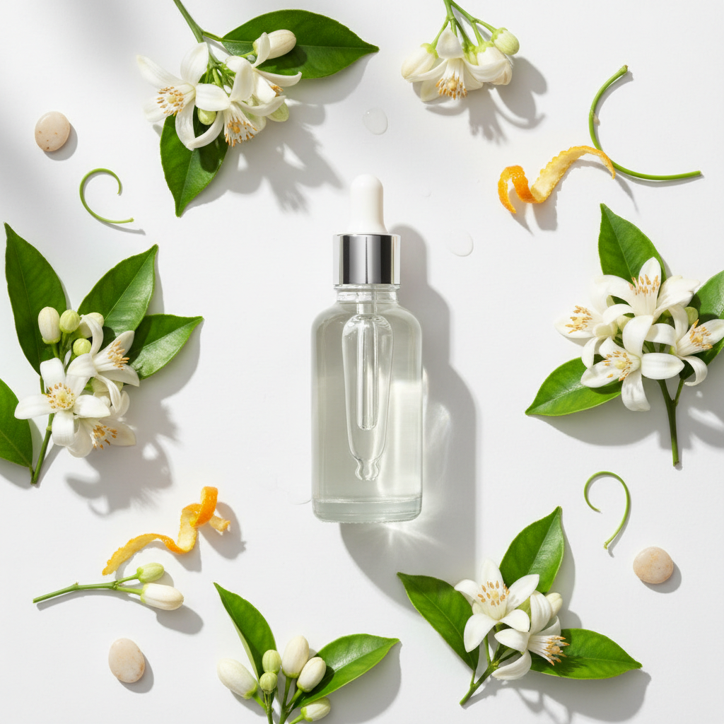 Flat lay de la fragancia nerolí